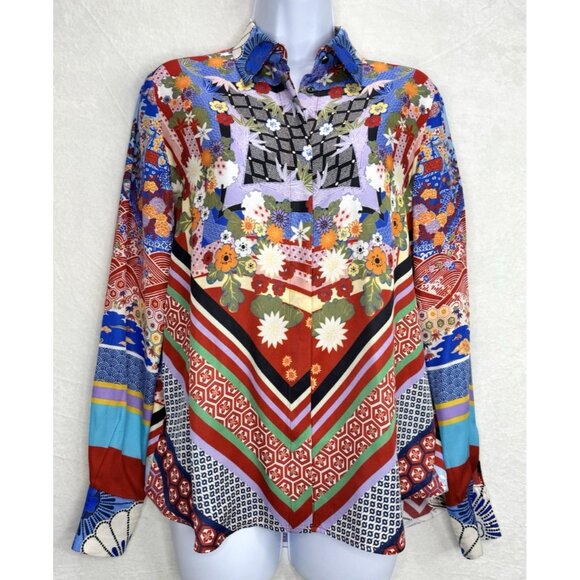 Pinko Women's Button Up Multi-Print Shirt Geometric Floral Size 2 - Picture 1 of 12